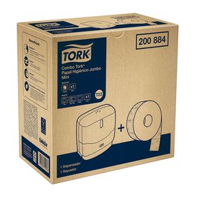 Combo Dispensador Papel Mini + Papel Higiénico Tork Jumbo Mini Hoja Triple  Blanco 95mt