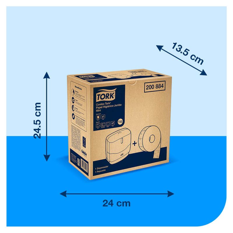 Combo-Dispensador-de-Papel-Higienico-Jumbo-Mini---Papel-Higienico-Tork-Jumbo-Mini-Premium-Blanco-95mts