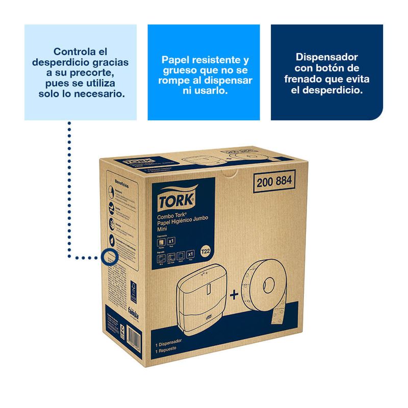 Combo-Dispensador-de-Papel-Higienico-Jumbo-Mini---Papel-Higienico-Tork-Jumbo-Mini-Premium-Blanco-95mts