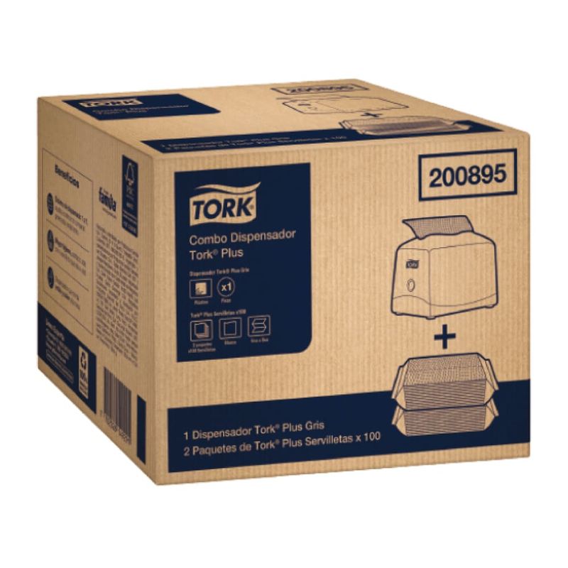 Combo-Dispensador-Tork-Plus-de-Servilleta-Gris---Servilleta-Tork-Plus-Dispensada-Universal-Blanco