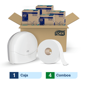Combo Dispensador Papel + Papel Higiénico Tork Jumbo Hoja Triple Blanco 170mts X 4 Cajas